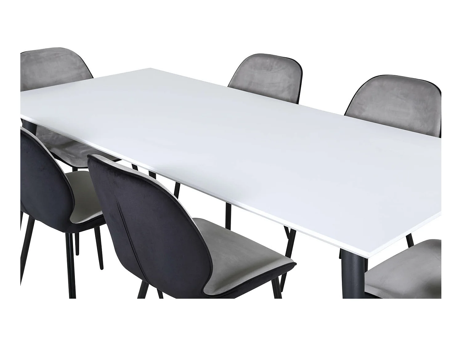 Jimmy195 eethoek eetkamertafel uitschuifbare tafel lengte cm 195 / 285 wit en 6 Emma eetkamerstal velours grijs,zwart.