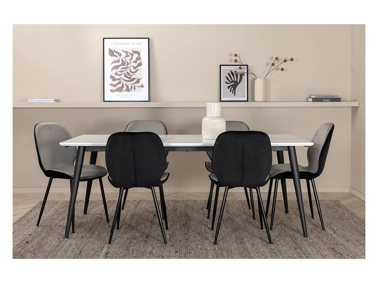 Jimmy195 eethoek eetkamertafel uitschuifbare tafel lengte cm 195 / 285 wit en 6 Emma eetkamerstal velours grijs,zwart.