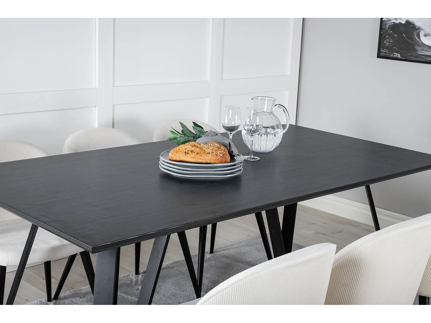 MarinaBLBL ensemble table, table noir et 6 Velvet chaises Velours côtelé beige, noir.