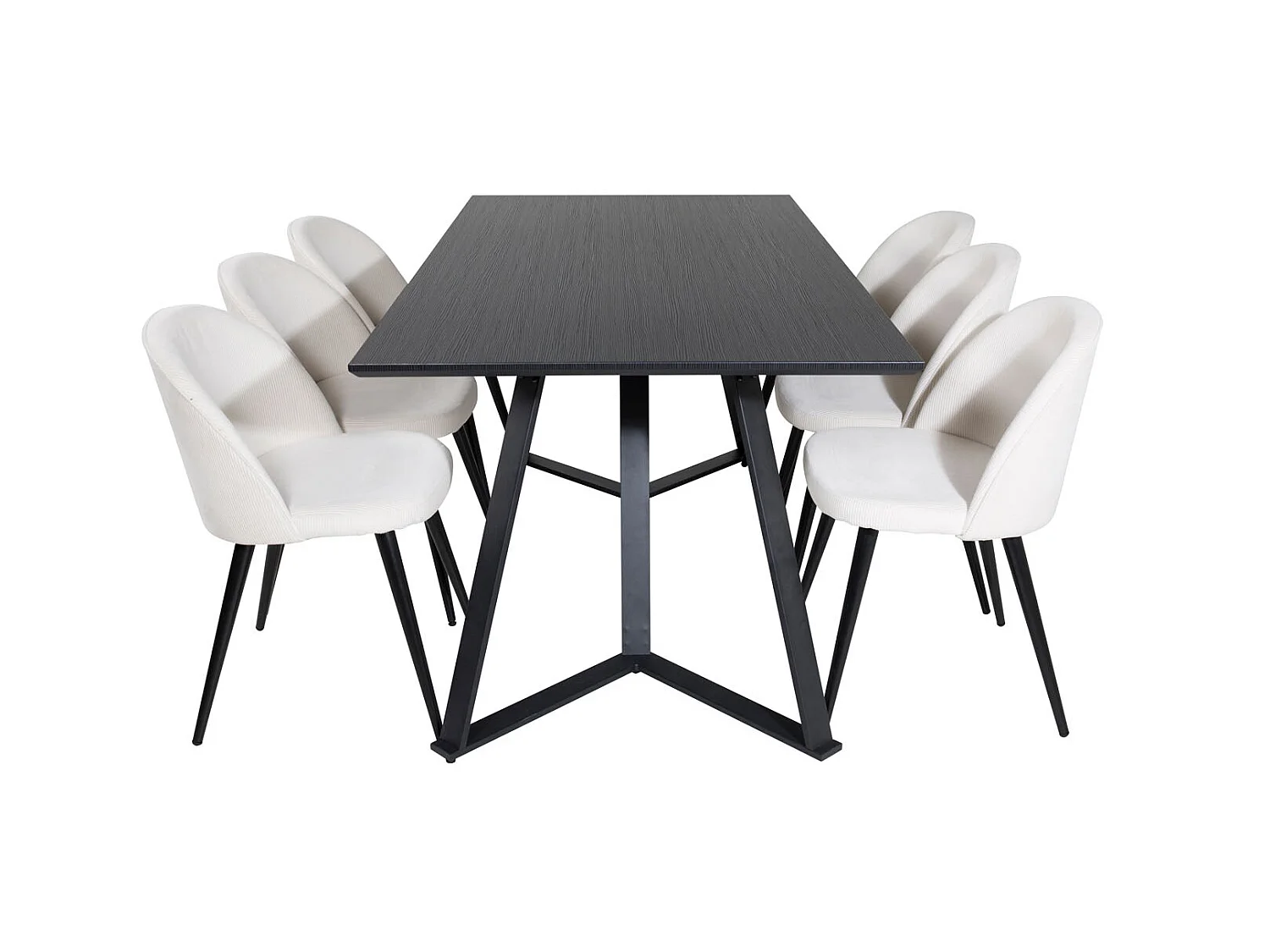 MarinaBLBL eethoek eetkamertafel zwart en 6 Velvet eetkamerstal fluweel beige, zwart.