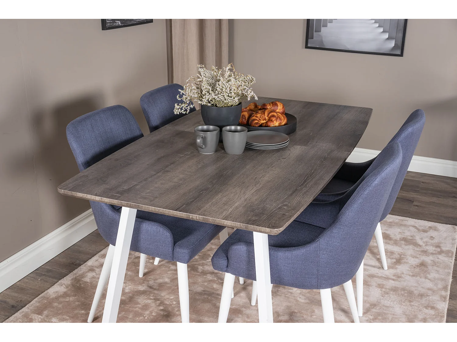 IncaNAWH ensemble table, table extensible longueur cm160 / 200 El bois décor gris et 4 Plaza chaises bleu, blanc.