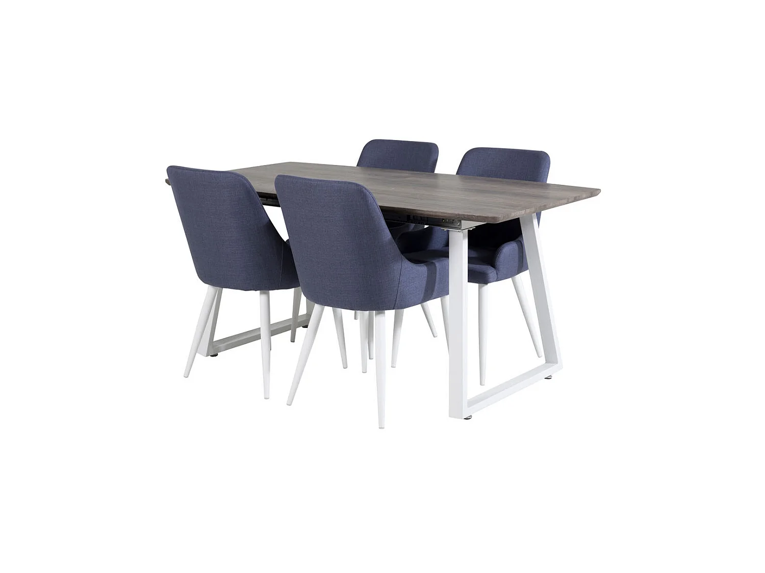 IncaNAWH eethoek eetkamertafel uitschuifbare tafel lengte cm 160 / 200 el hout decor grijs en 4 Plaza eetkamerstal blauw, wit.