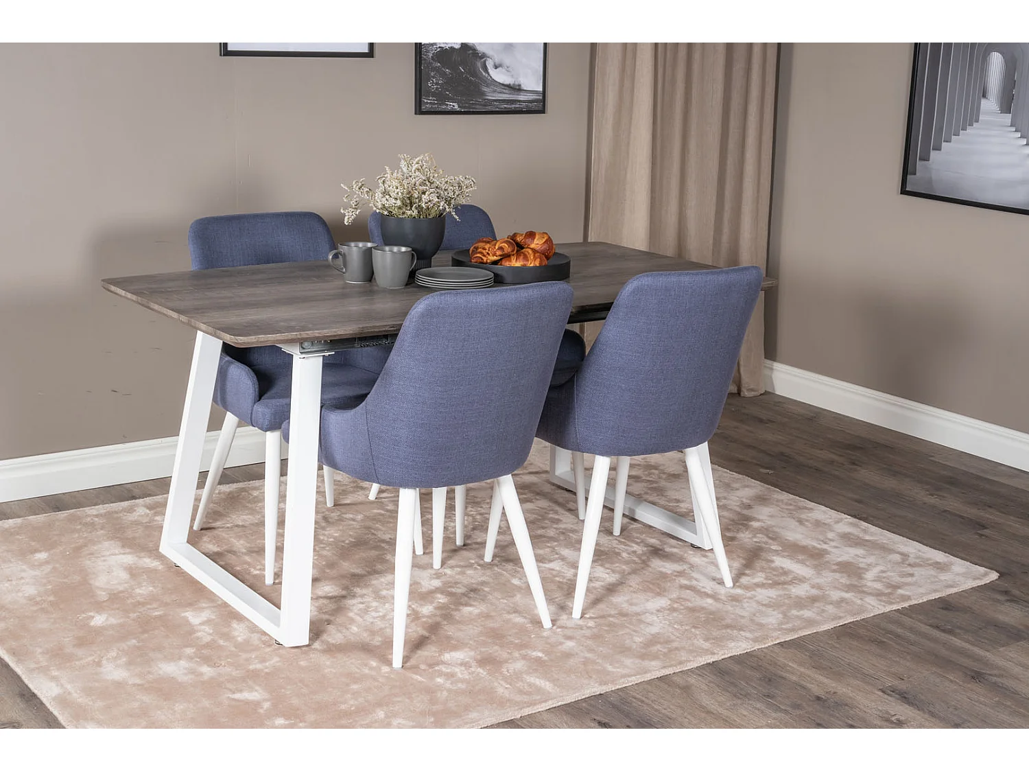 IncaNAWH eethoek eetkamertafel uitschuifbare tafel lengte cm 160 / 200 el hout decor grijs en 4 Plaza eetkamerstal blauw, wit.