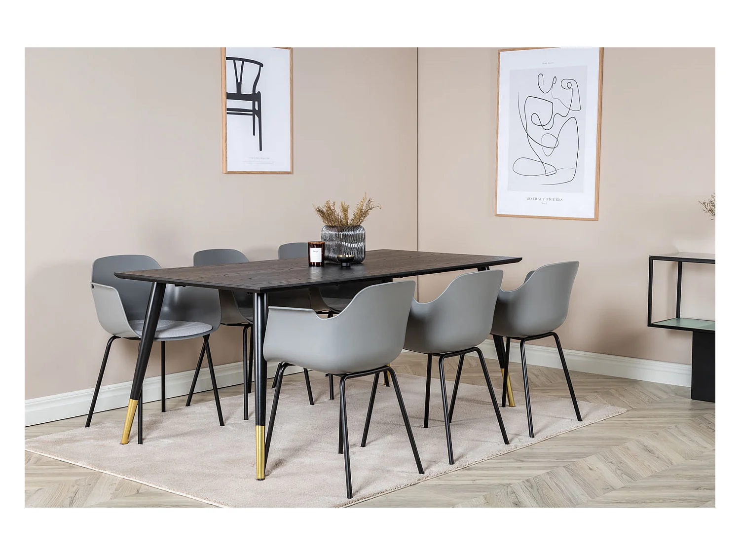 Dipp180x90BLBR ensemble table, table noir et 6 Comfort chaises gris.