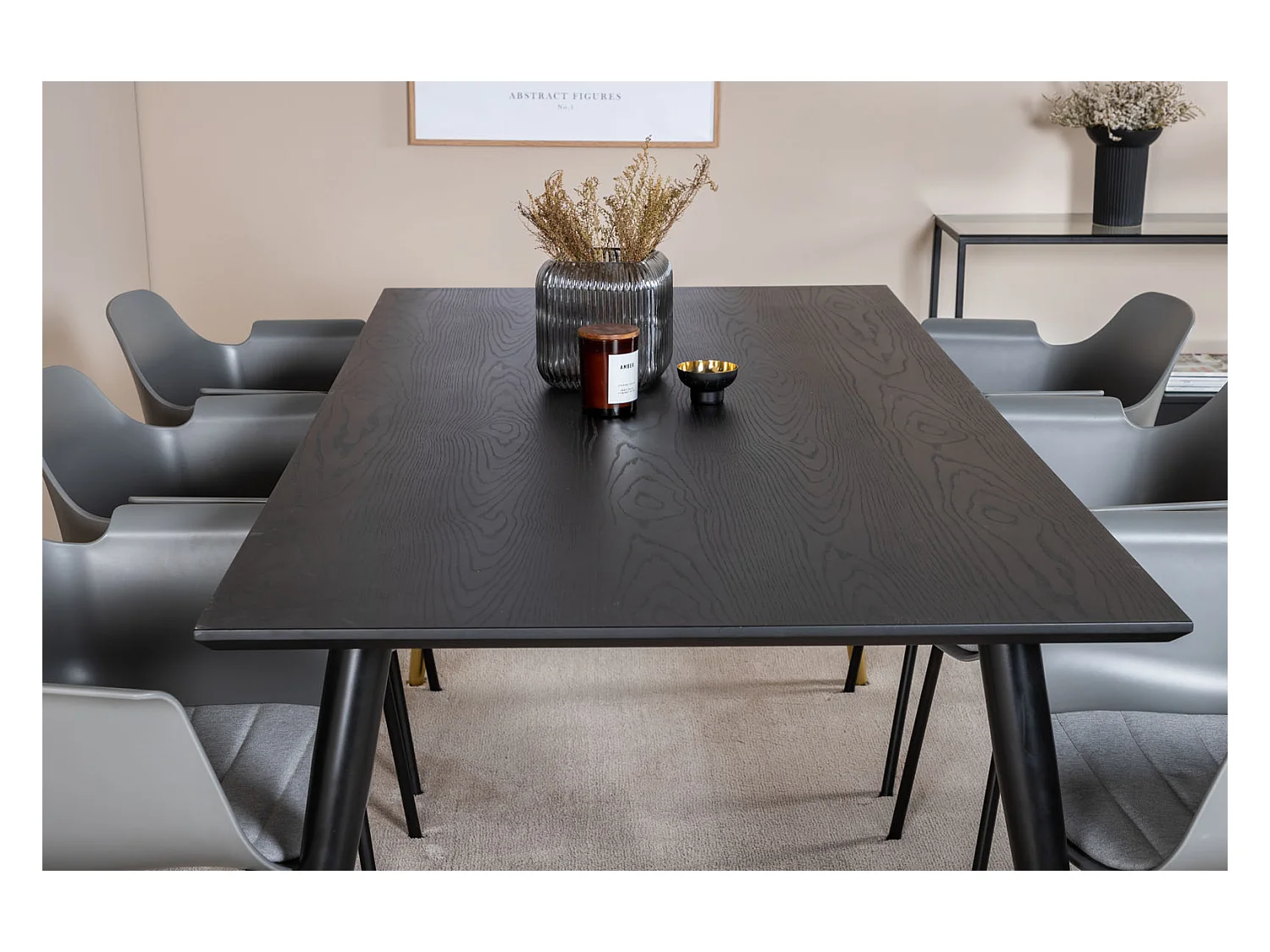 Dipp180x90BLBR ensemble table, table noir et 6 Comfort chaises gris.