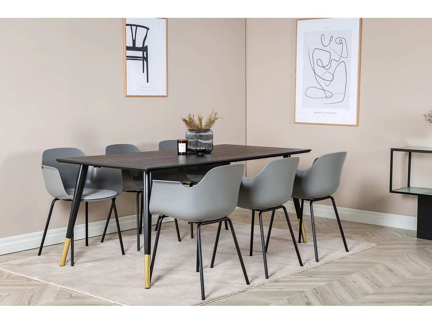 Dipp180x90BLBR eethoek eetkamertafel zwart en 6 Comfort eetkamerstal grijs.