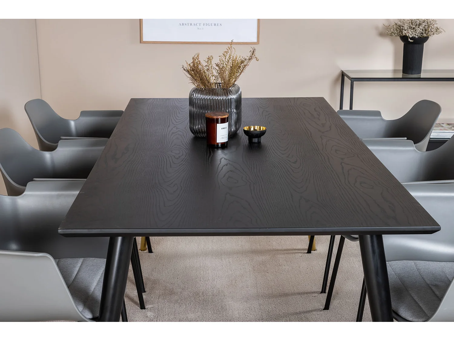 Dipp180x90BLBR eethoek eetkamertafel zwart en 6 Comfort eetkamerstal grijs.