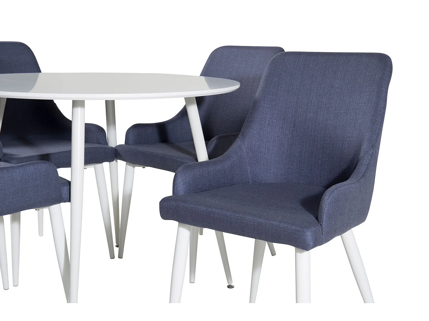 PlazaWHWH100 eethoek eetkamertafel wit en 4 Plaza eetkamerstal blauw, wit.