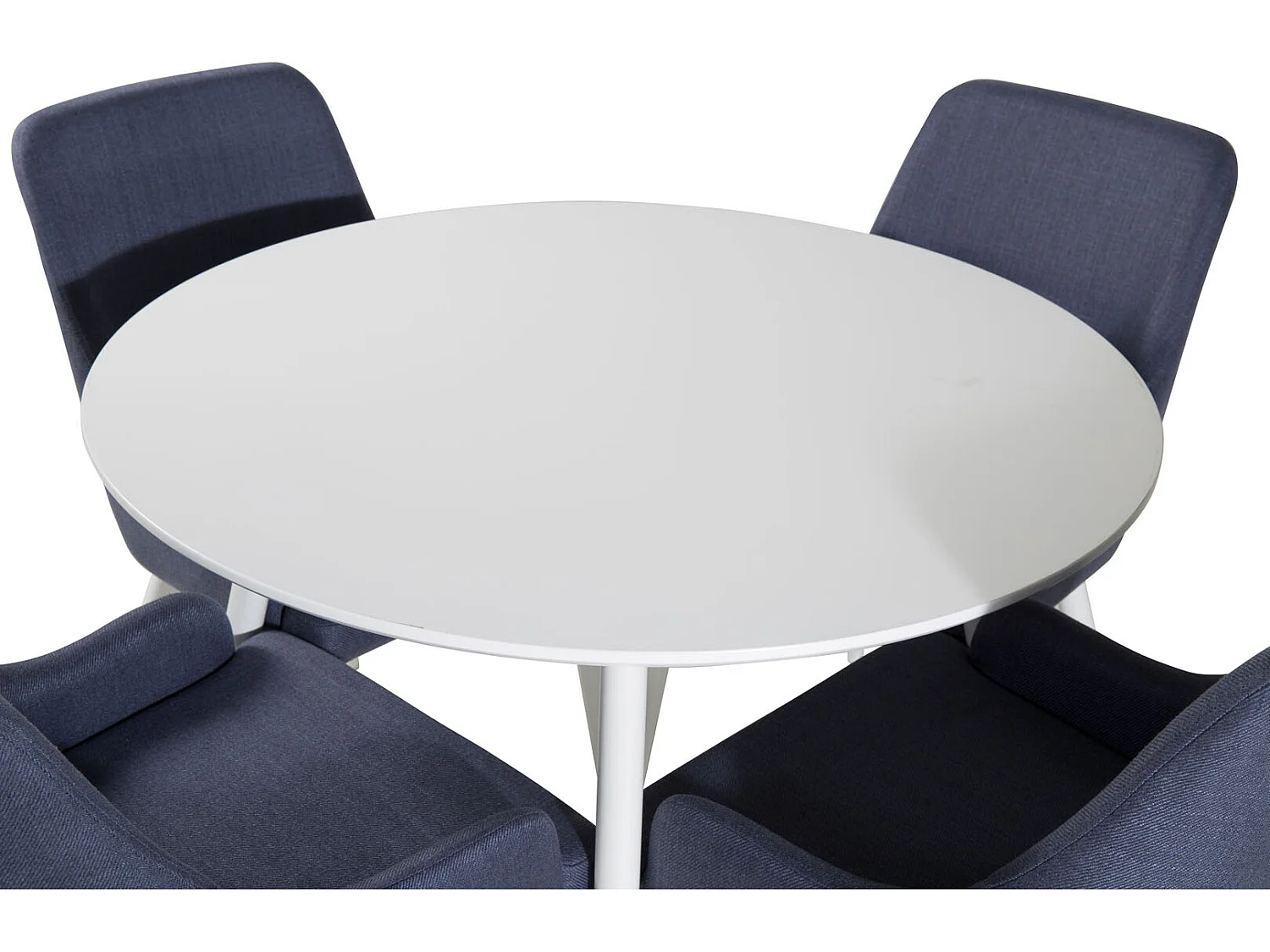 PlazaWHWH100 eethoek eetkamertafel wit en 4 Plaza eetkamerstal blauw, wit.