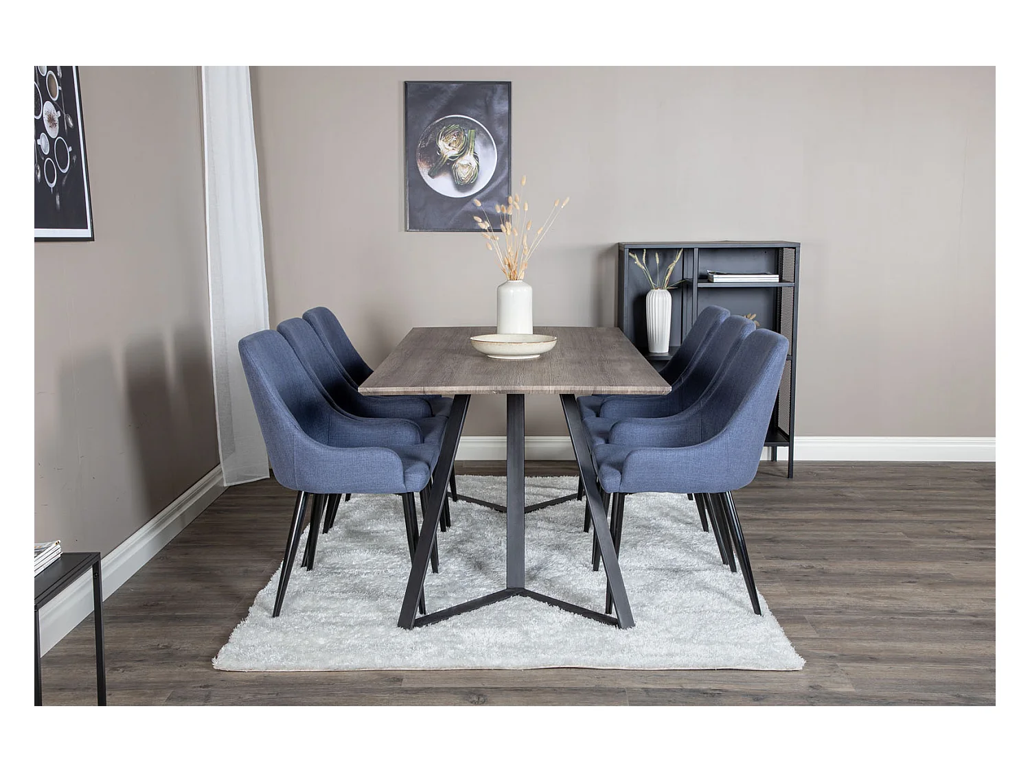 MarinaGRBL ensemble table, table El bois décor gris et 6 Plaza chaises bleu, noir.