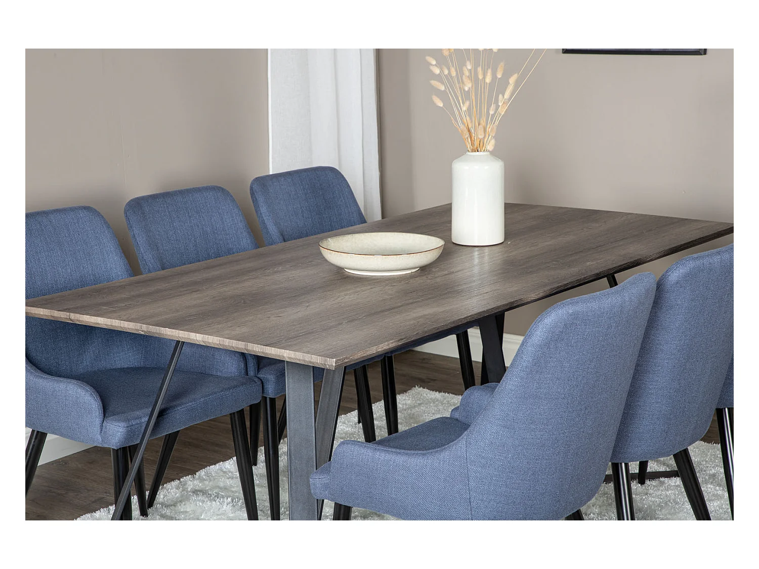 MarinaGRBL ensemble table, table El bois décor gris et 6 Plaza chaises bleu, noir.