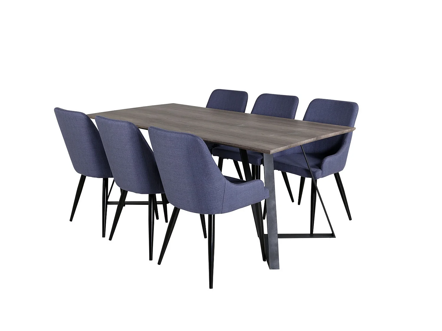 MarinaGRBL ensemble table, table El bois décor gris et 6 Plaza chaises bleu, noir.