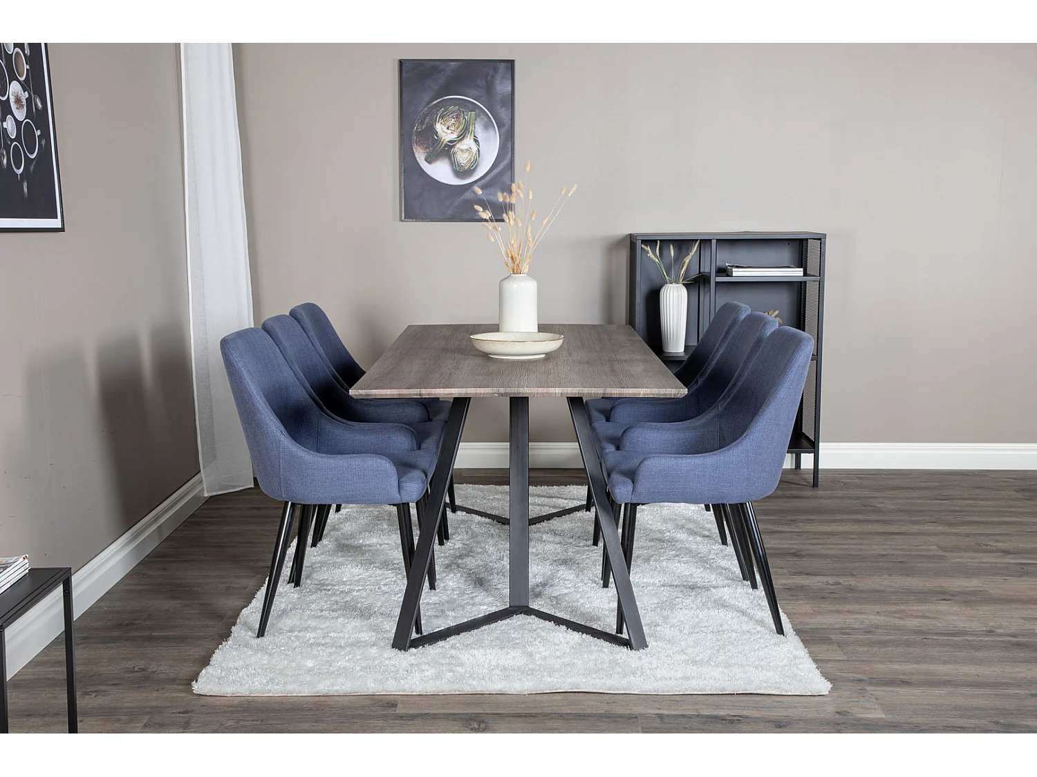 MarinaGRBL ensemble table, table El bois décor gris et 6 Plaza chaises bleu, noir.