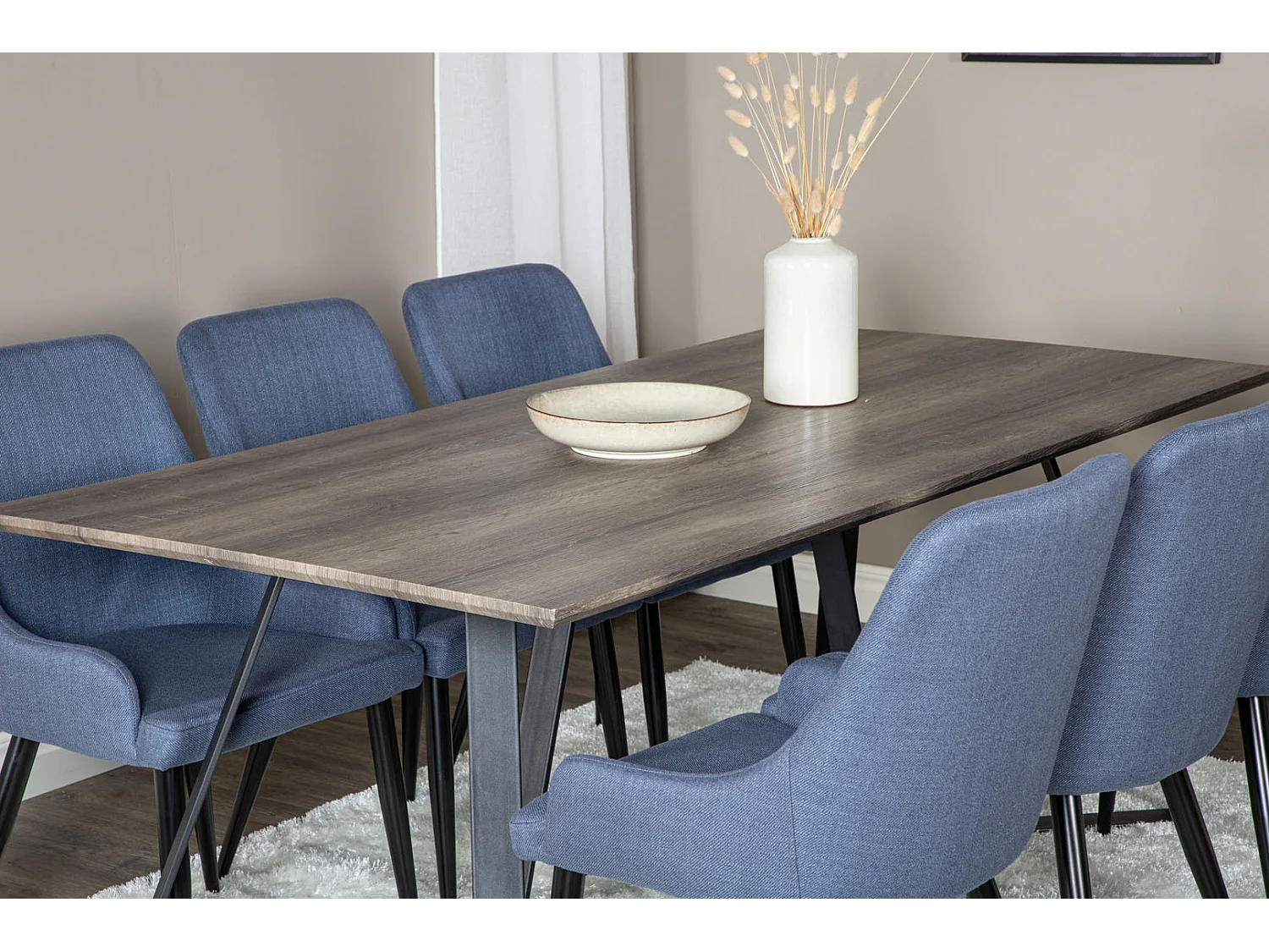 MarinaGRBL ensemble table, table El bois décor gris et 6 Plaza chaises bleu, noir.