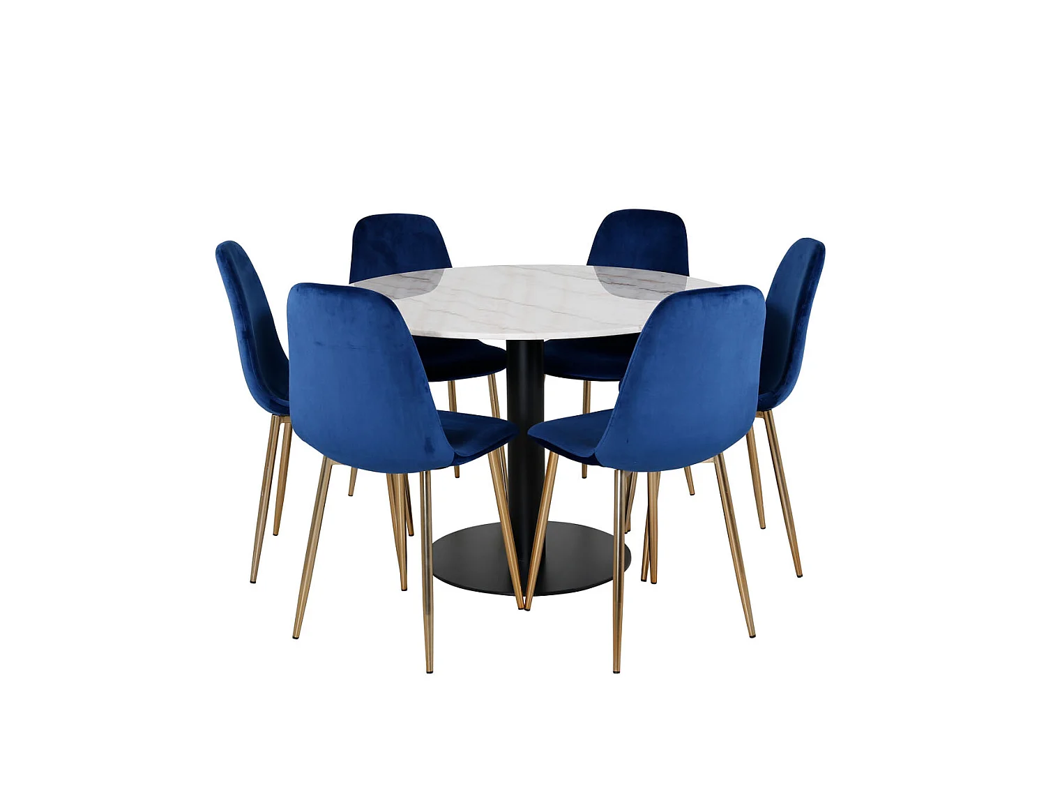 EstelleØ106WHBL ensemble table, table blanc, marbre et 6 Polar chaises Velours bleu, laiton décor.