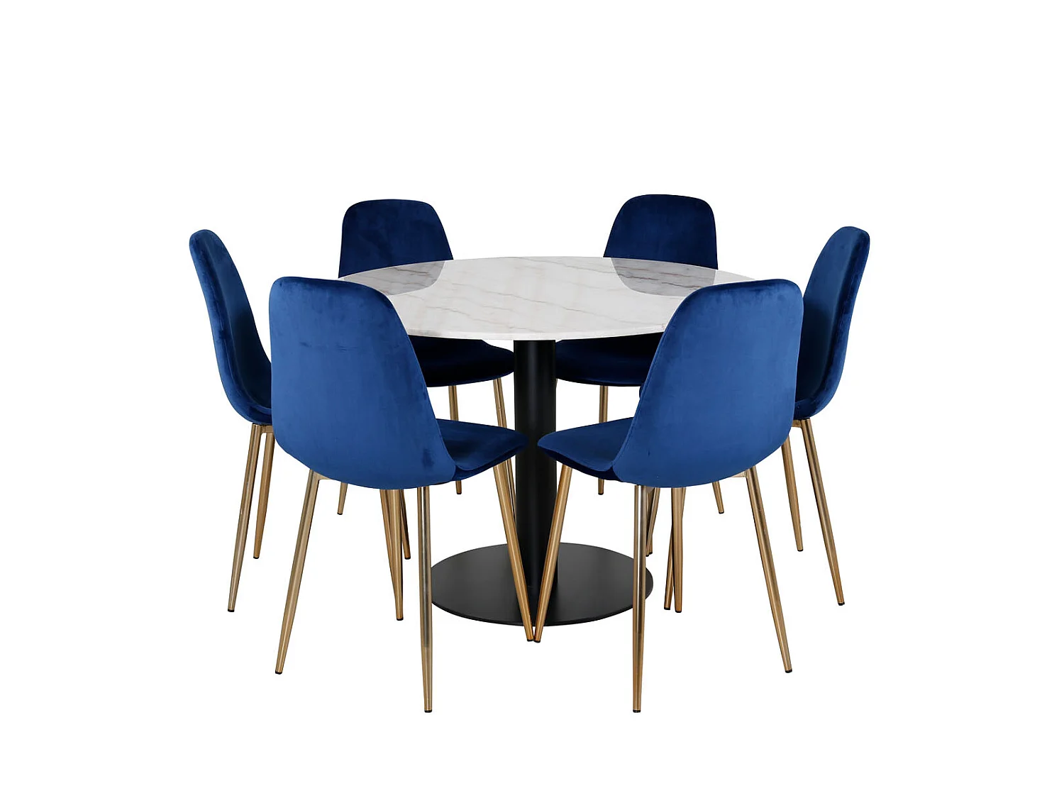 EstelleØ106WHBL ensemble table, table blanc, marbre et 6 Polar chaises Velours bleu, laiton décor.