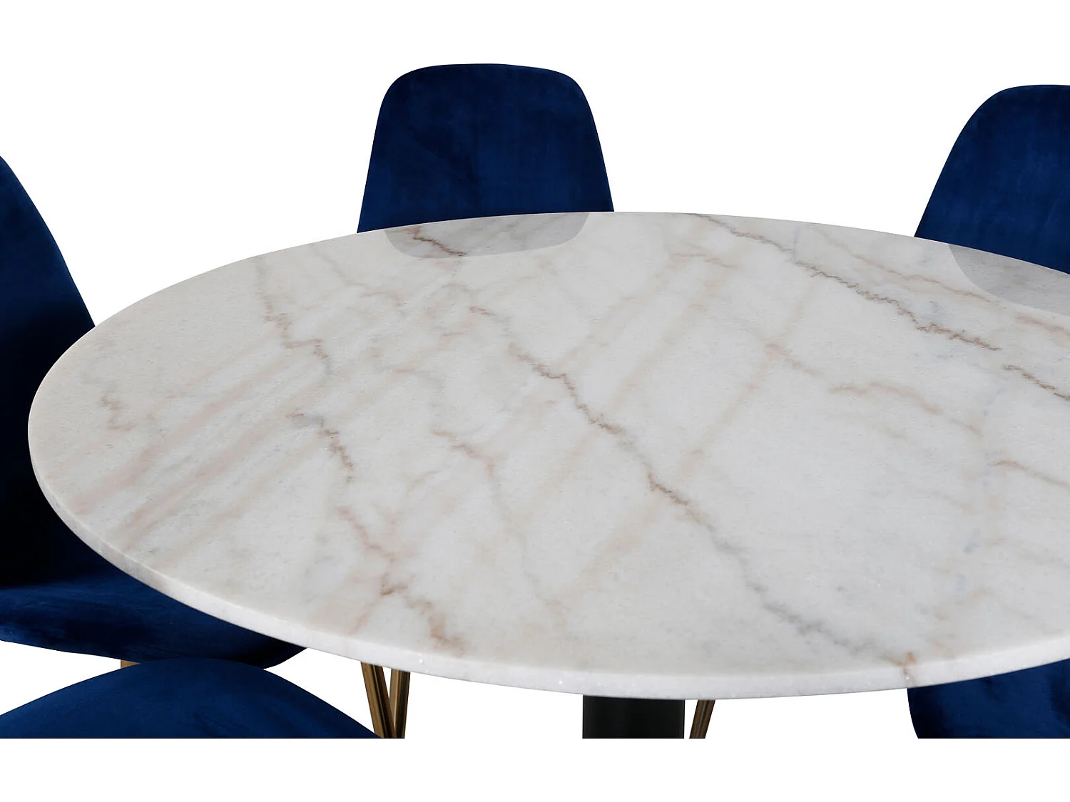 EstelleØ106WHBL ensemble table, table blanc, marbre et 6 Polar chaises Velours bleu, laiton décor.