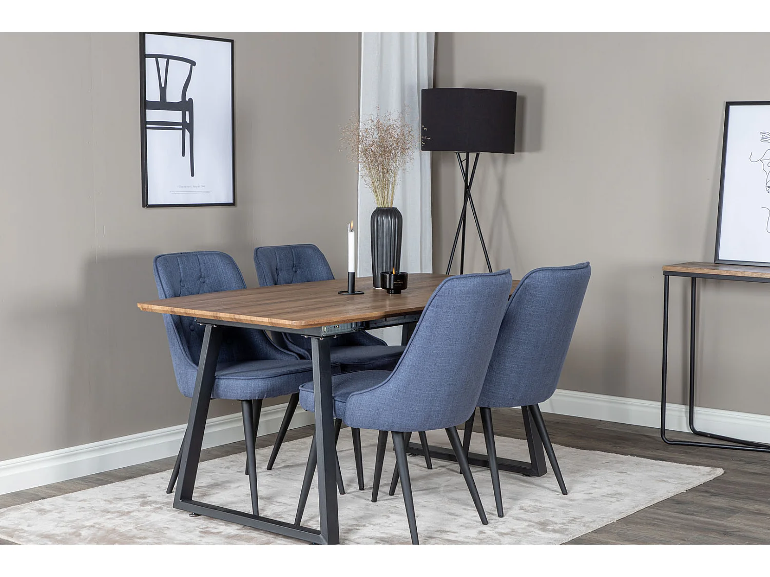 IncaNABL ensemble table, table extensible longueur cm160 / 200 El bois décor et 4 Velvet Deluxe chaises bleu, noir.