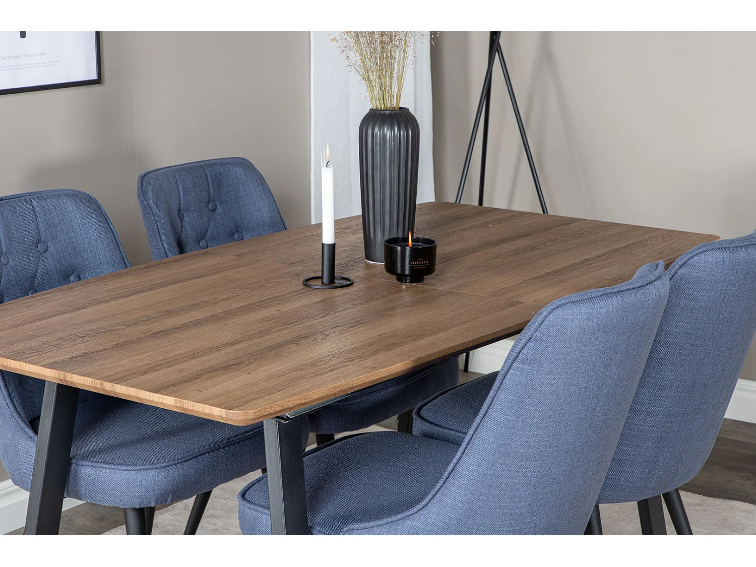 IncaNABL ensemble table, table extensible longueur cm160 / 200 El bois décor et 4 Velvet Deluxe chaises bleu, noir.