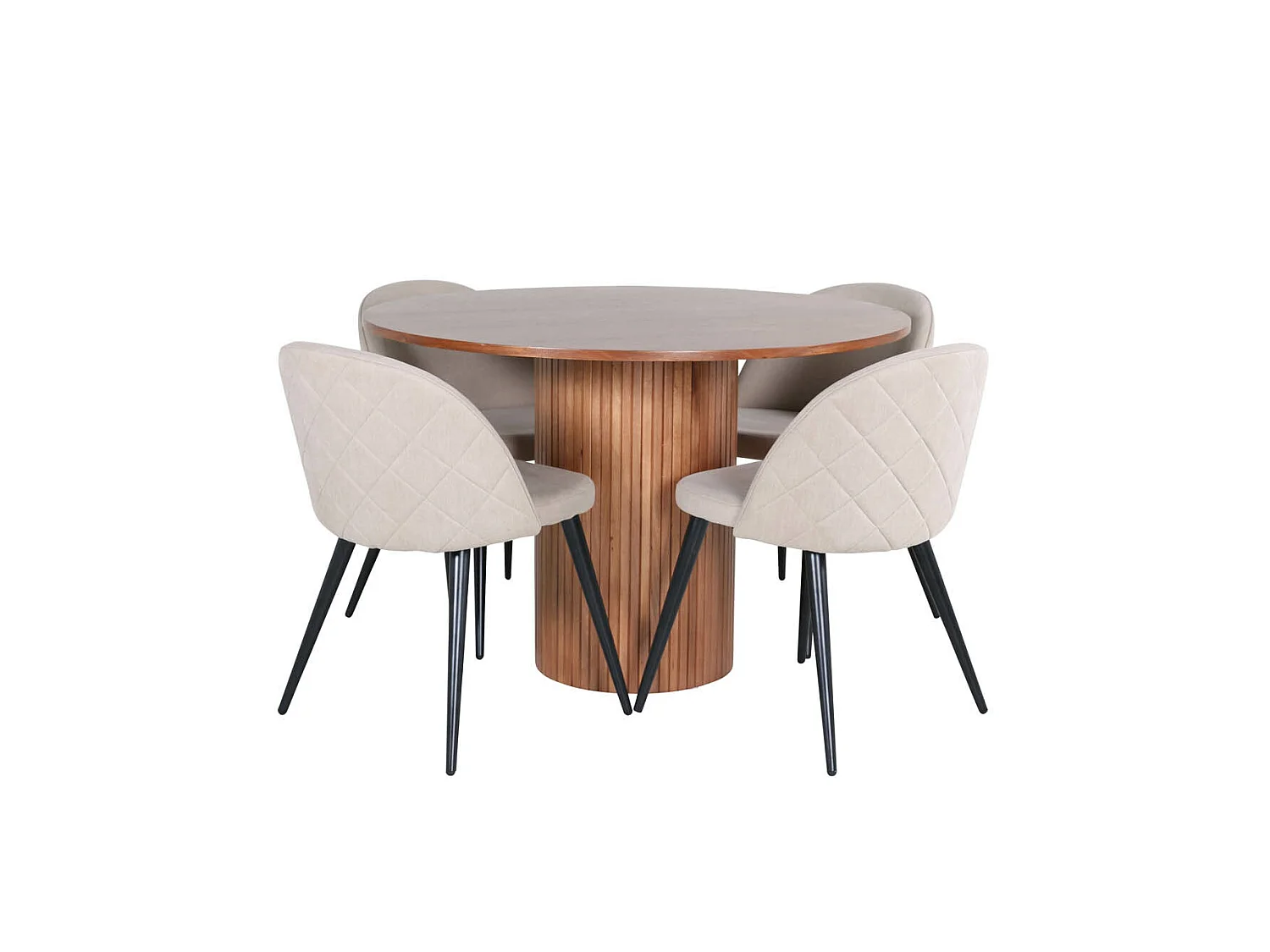 BiancaROWA ensemble table, table chêne plaqué et 4 Velvet Stitches chaises beige.