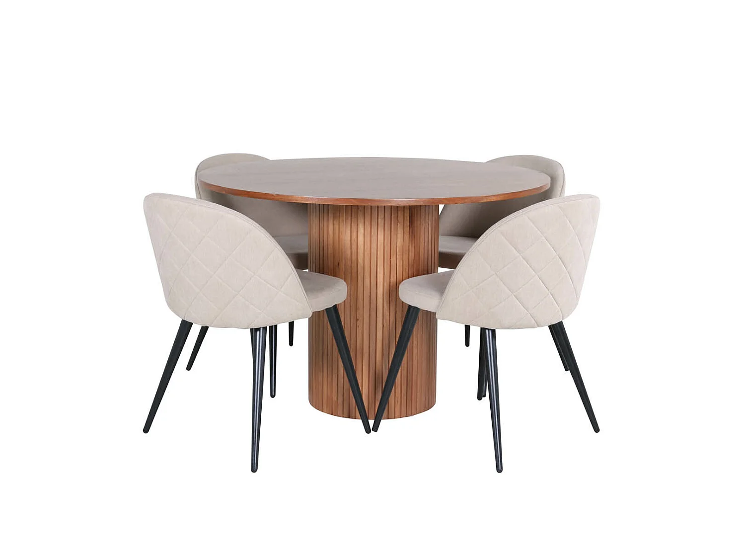 BiancaROWA ensemble table, table chêne plaqué et 4 Velvet Stitches chaises beige.