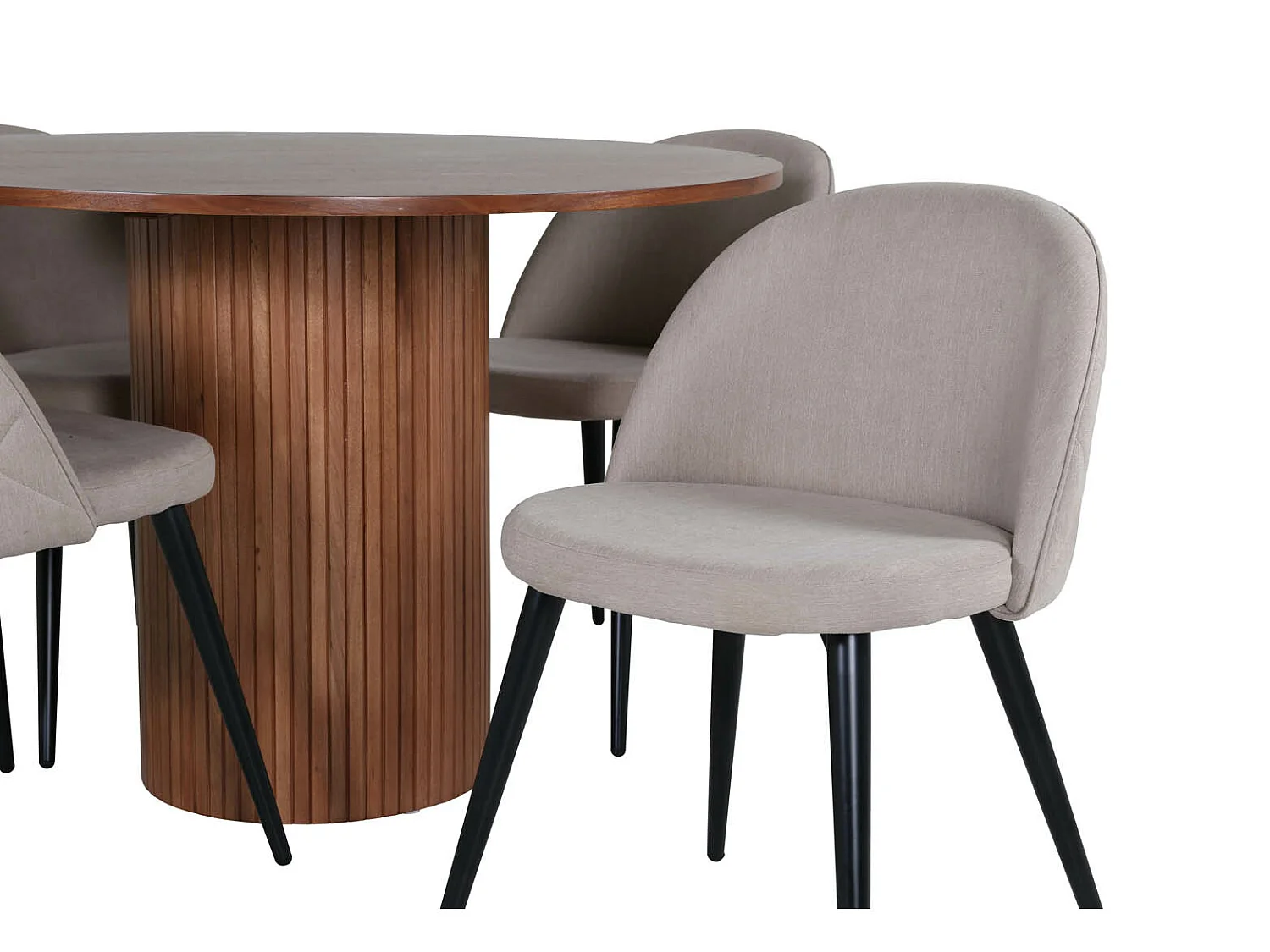 BiancaROWA ensemble table, table chêne plaqué et 4 Velvet Stitches chaises beige.