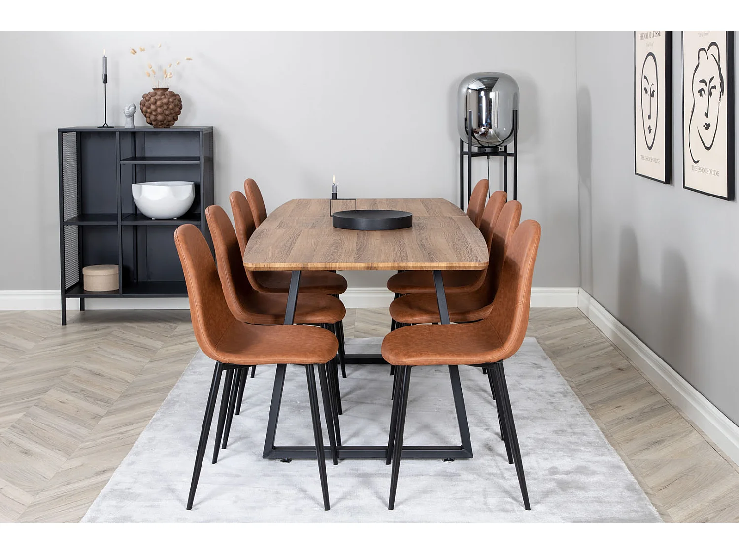 IncaNABL Essgruppe Esstisch Ausziehbarer Tisch Länge cm 160 / 200 El Holz dekor und 8 Polar Esszimmerstühle PU Kunstleder braun.