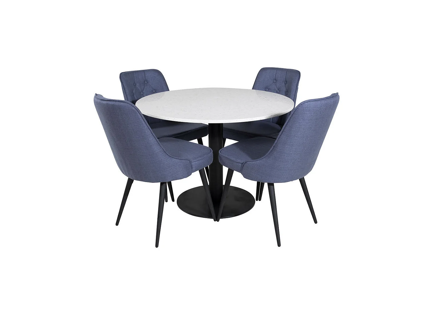 RazziaWH ensemble table, table terrazzo blanc et 4 Velvet Deluxe chaises bleu, noir.