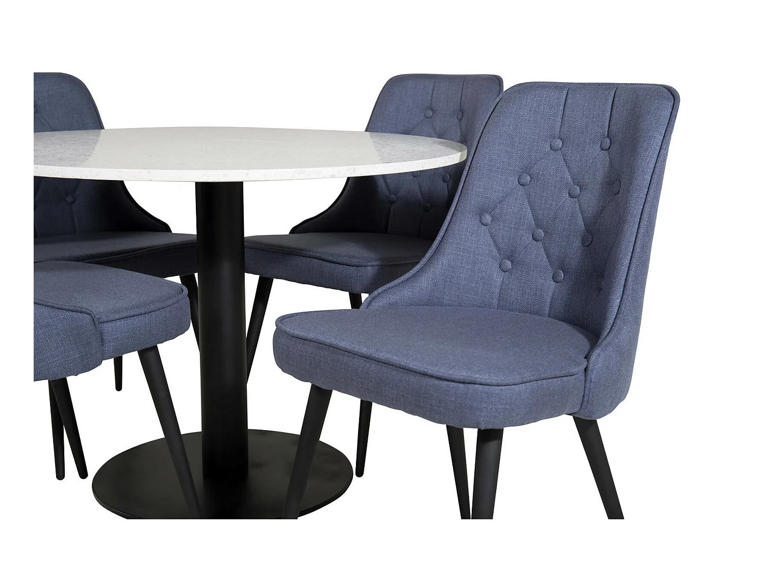RazziaWH ensemble table, table terrazzo blanc et 4 Velvet Deluxe chaises bleu, noir.
