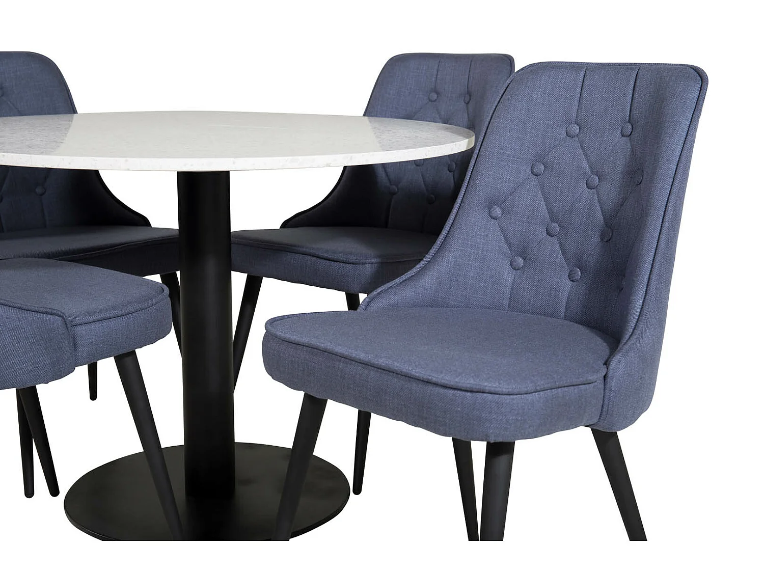 RazziaWH ensemble table, table terrazzo blanc et 4 Velvet Deluxe chaises bleu, noir.
