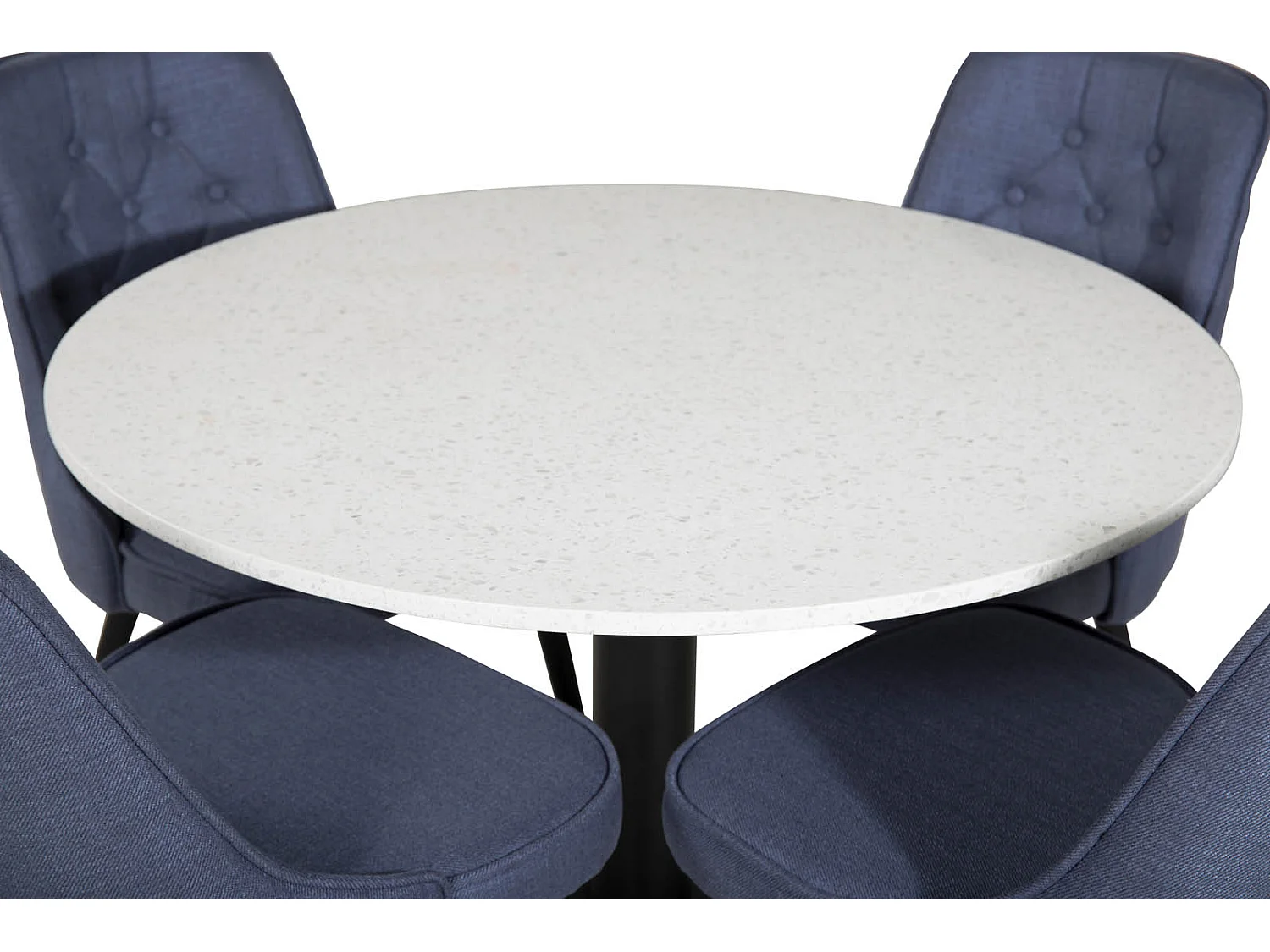 RazziaWH ensemble table, table terrazzo blanc et 4 Velvet Deluxe chaises bleu, noir.