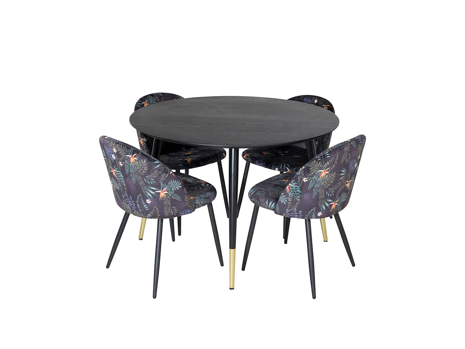DippØ115BLBR ensemble table, table noir et 4 Velvet chaises Velours fleuri.