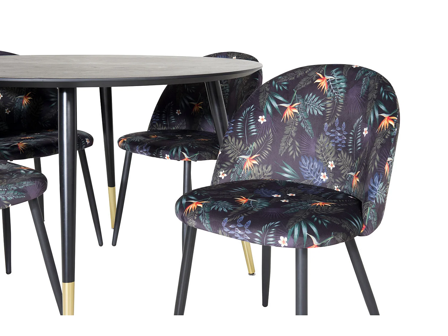 DippØ115BLBR ensemble table, table noir et 4 Velvet chaises Velours fleuri.