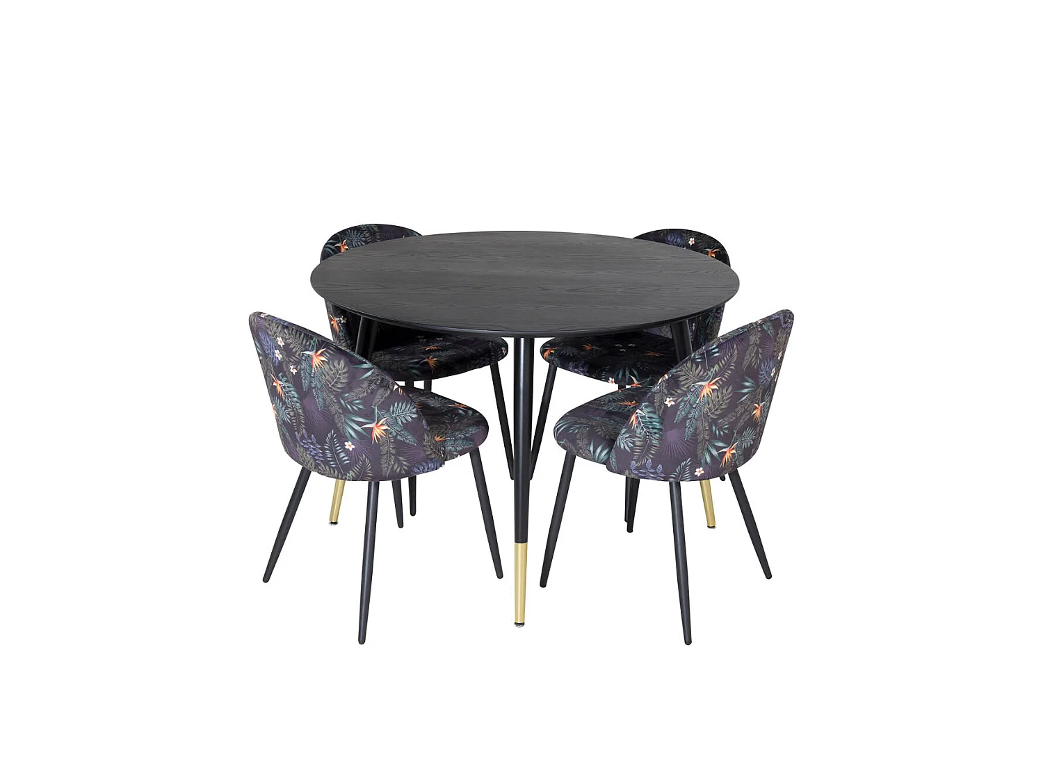 DippØ115BLBR ensemble table, table noir et 4 Velvet chaises Velours fleuri.