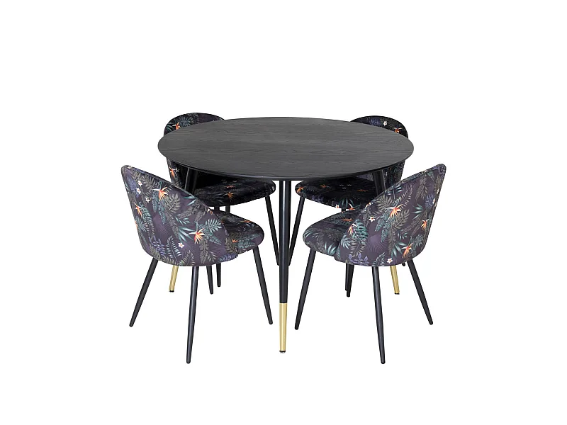 DippØ115BLBR ensemble table, table noir et 4 Velvet chaises Velours fleuri.