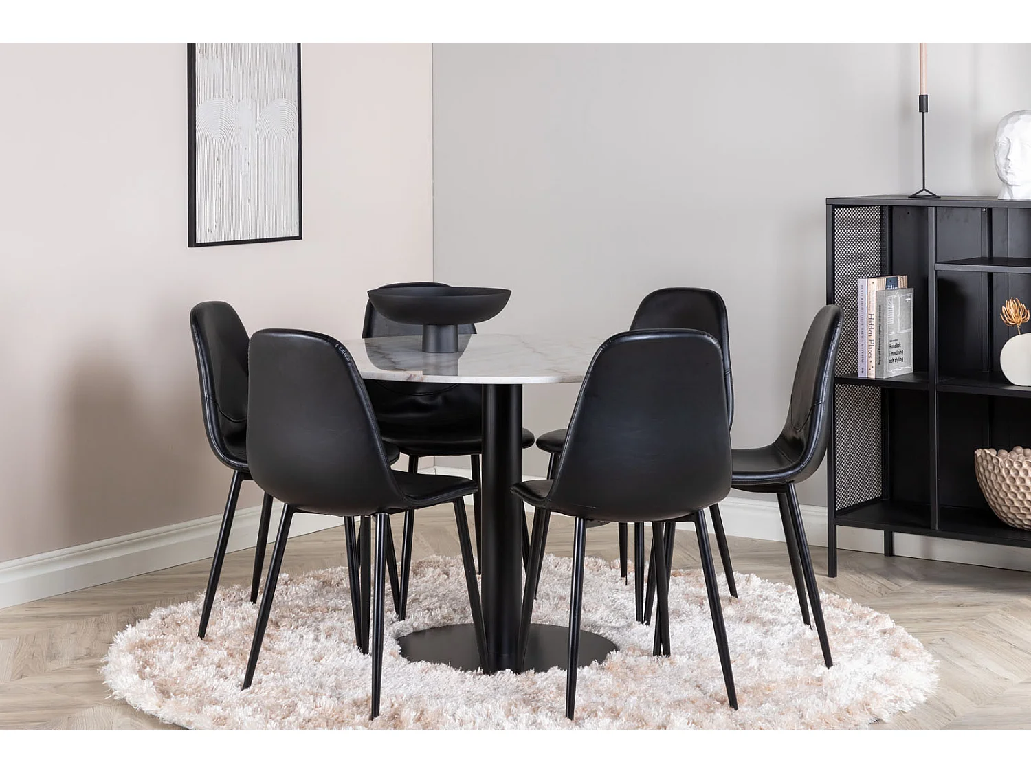 EstelleØ106WHBL ensemble table, table blanc, marbre et 6 Polar chaises Similicuir PUnoir.