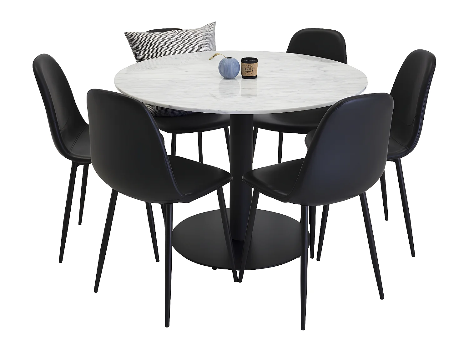 EstelleØ106WHBL ensemble table, table blanc, marbre et 6 Polar chaises Similicuir PUnoir.