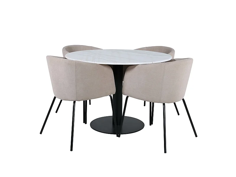 EstelleØ106WHBL ensemble table, table blanc, marbre et 4 Berit chaises beige.