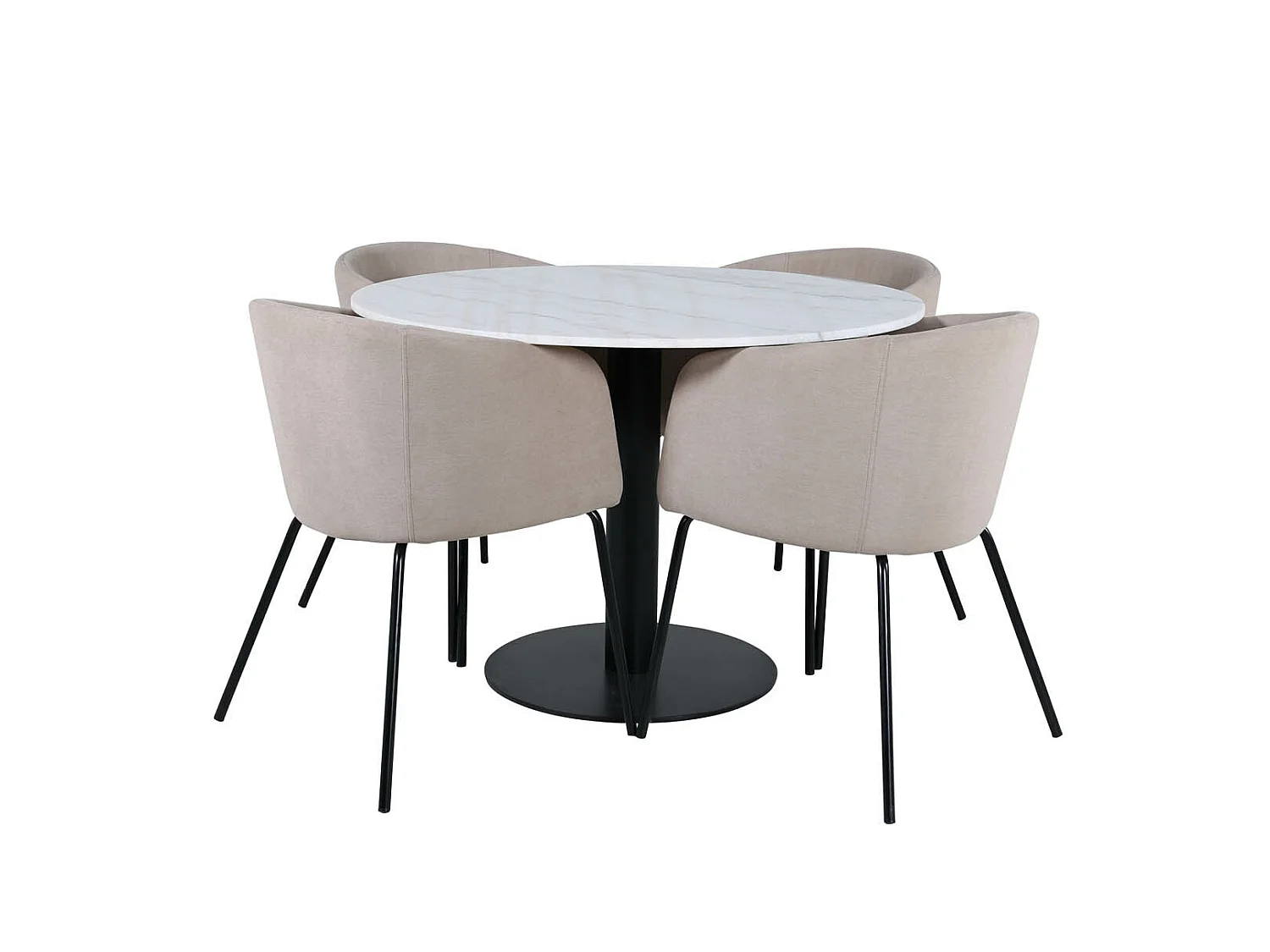EstelleØ106WHBL ensemble table, table blanc, marbre et 4 Berit chaises beige.
