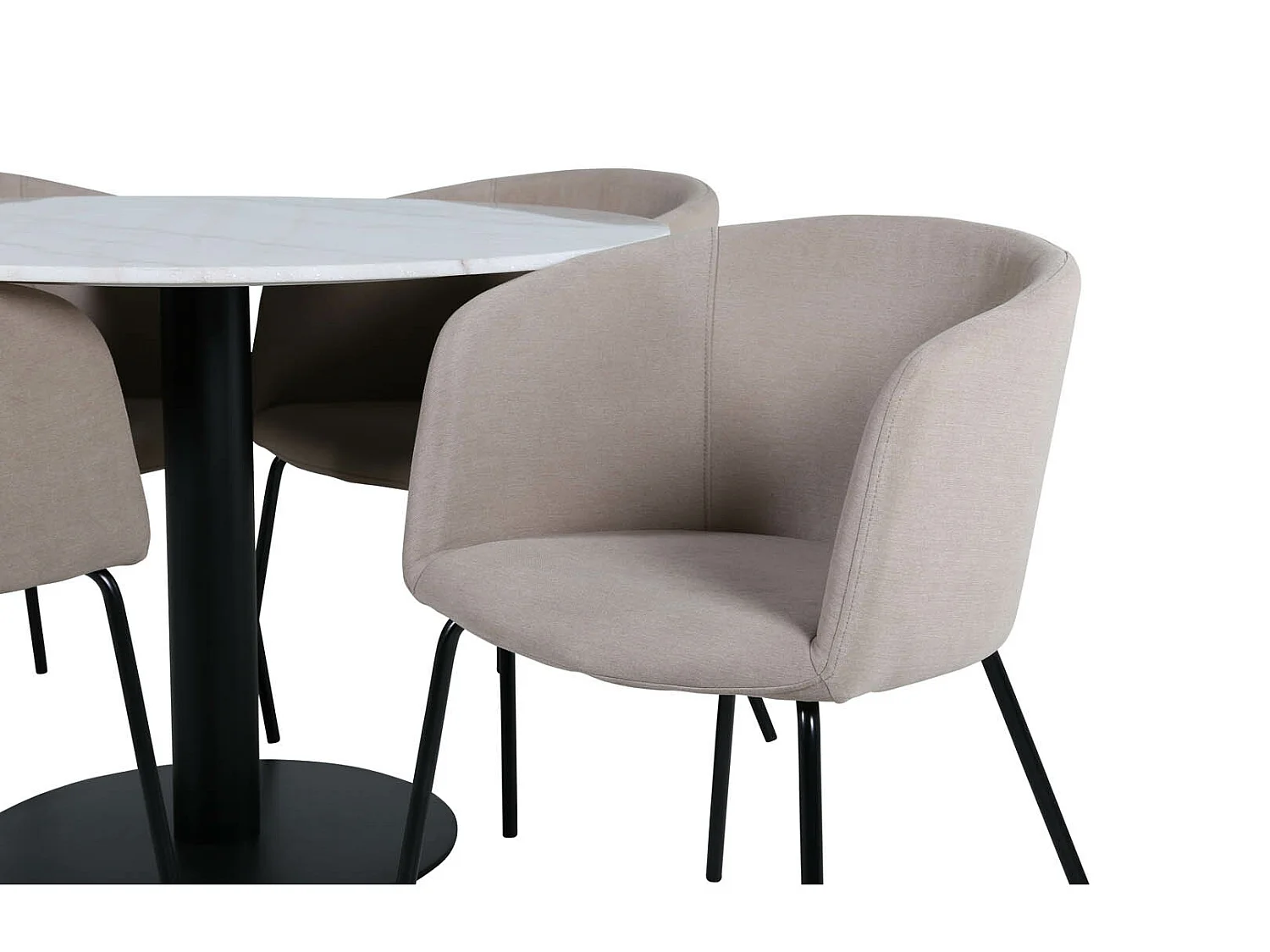 EstelleØ106WHBL ensemble table, table blanc, marbre et 4 Berit chaises beige.