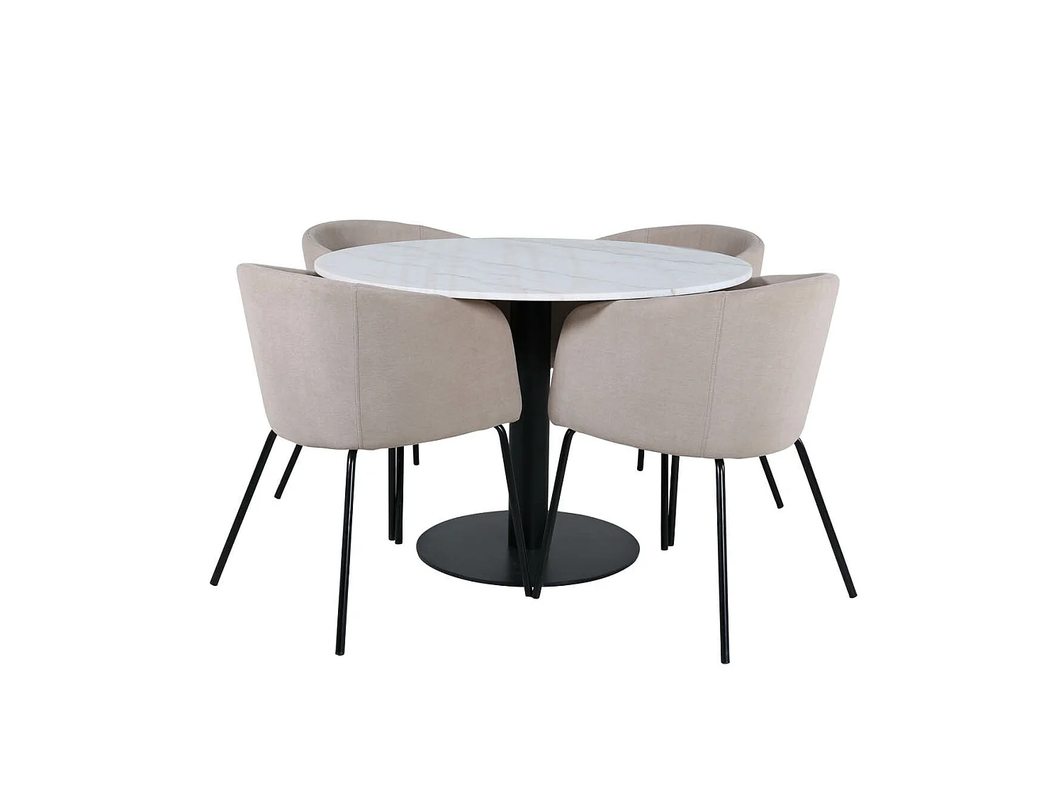 EstelleØ106WHBL ensemble table, table blanc, marbre et 4 Berit chaises beige.