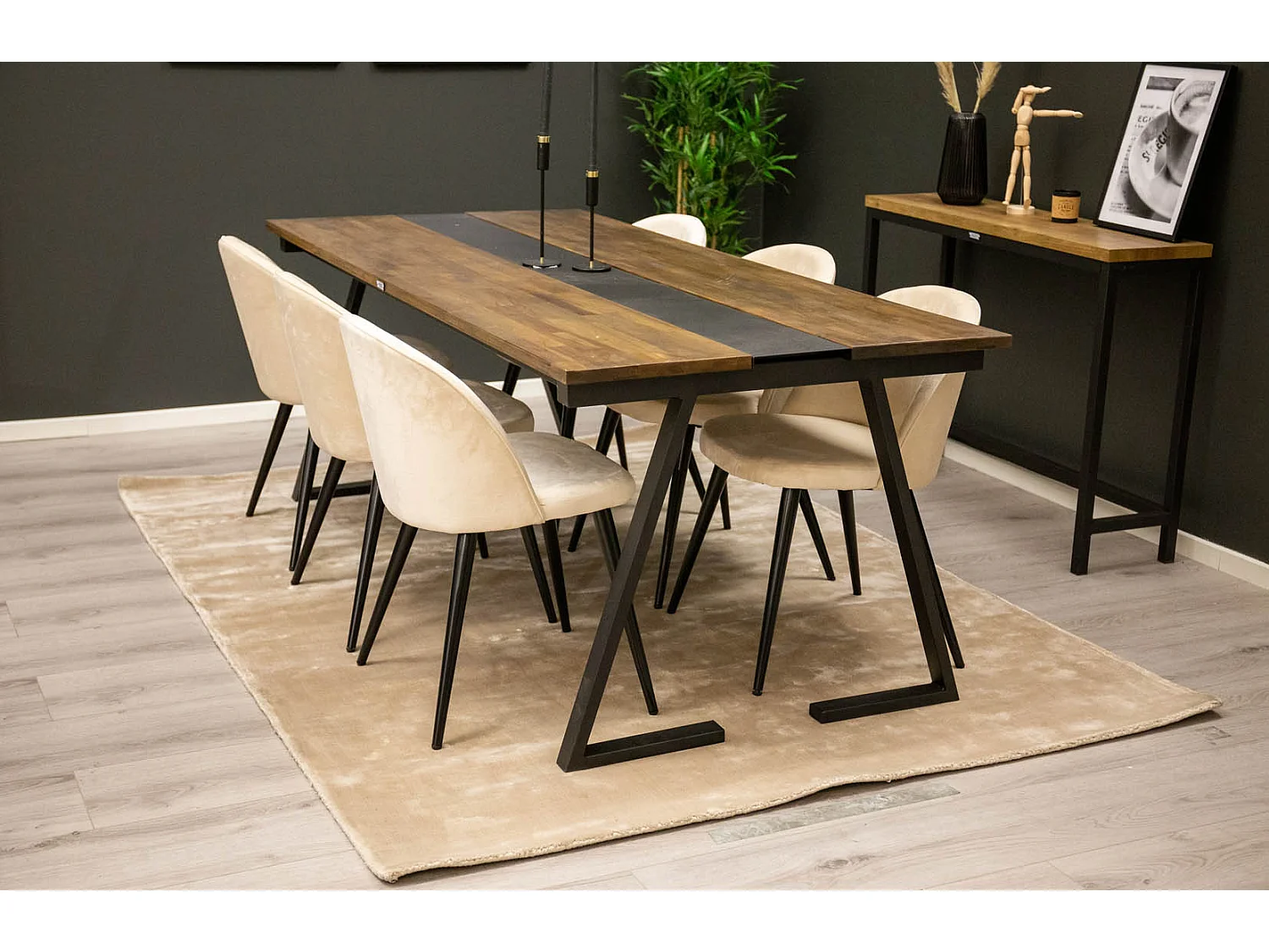 Jakarta ensemble table, table teck et 6 Velvet chaises Velours beige, noir.