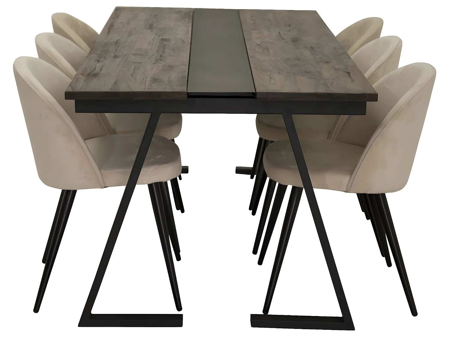 Jakarta ensemble table, table teck et 6 Velvet chaises Velours beige, noir.
