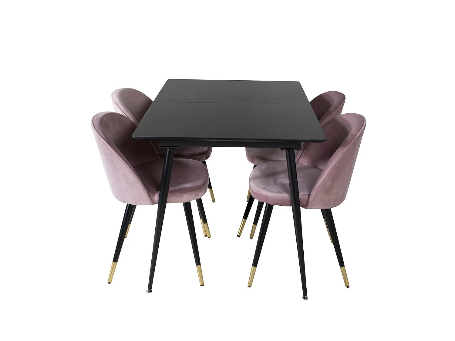 SilarBLExt ensemble table, table extensible longueur cm120 / 160 noir et 4 Velvet chaises Velours rose, noir, laiton décor.