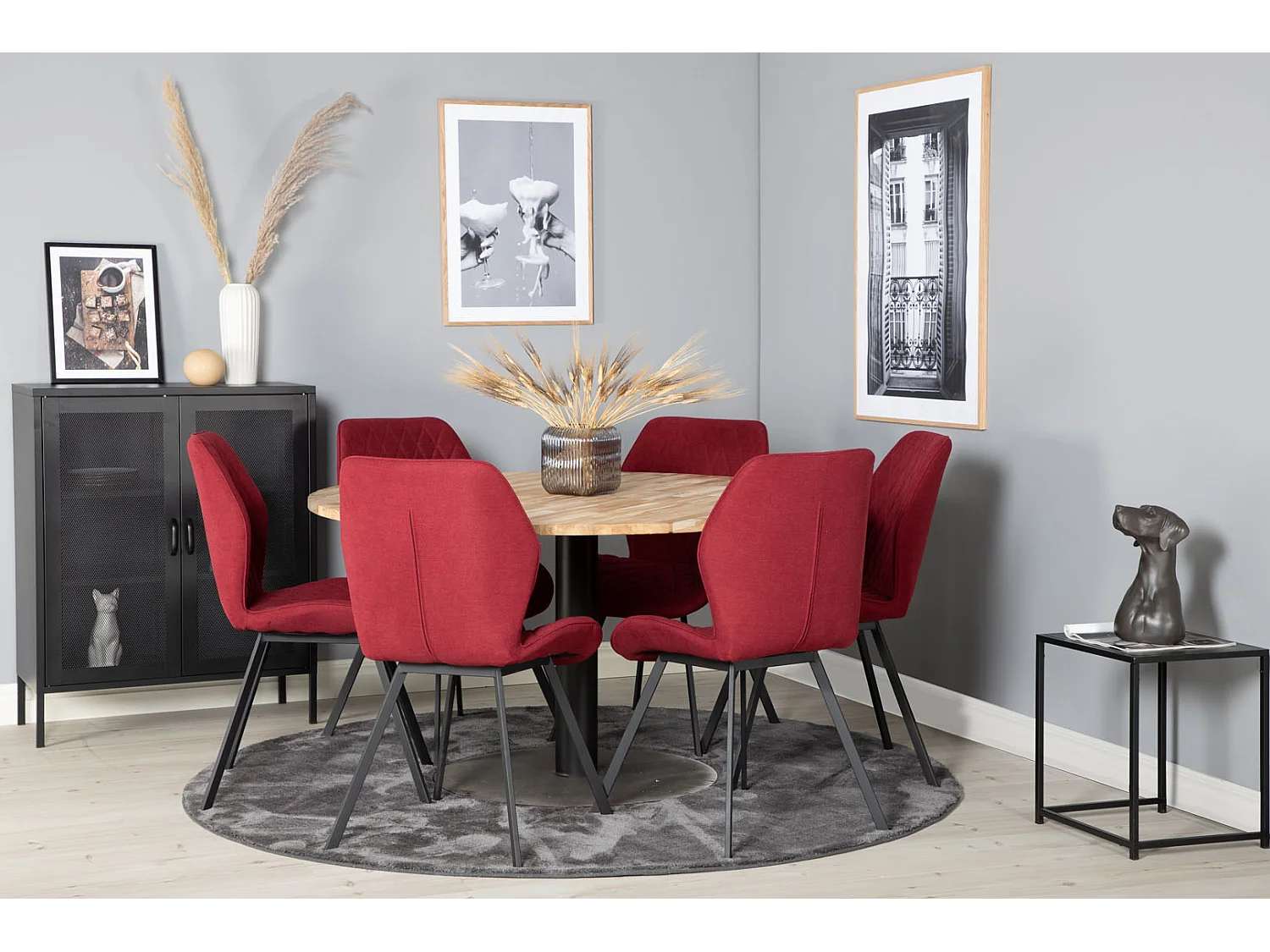 Cirebon140 ensemble table, table teck et 6 Gemma chaises rouge.