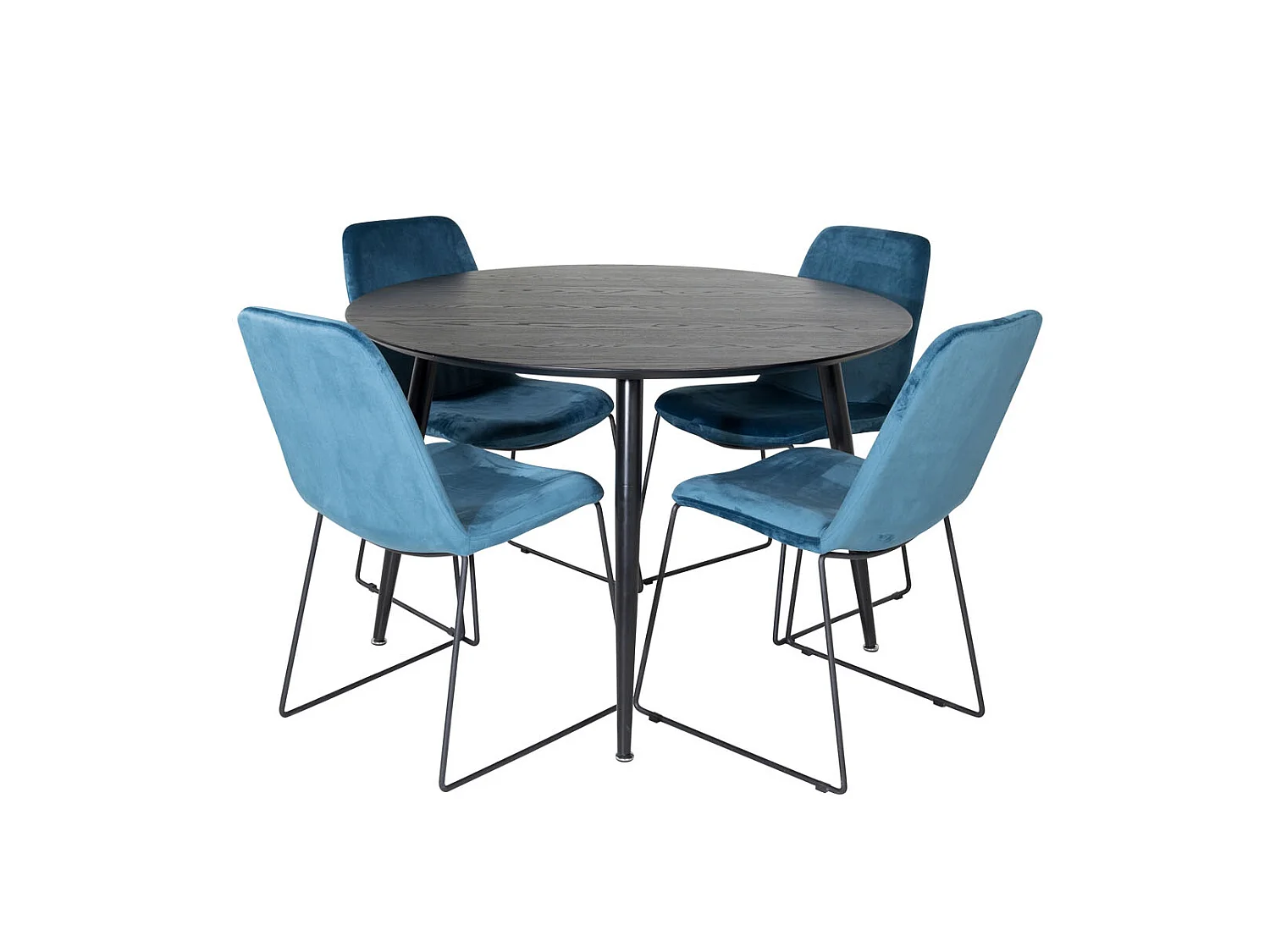 DippØ115BLBL ensemble table, table noir et 4 Muce chaises Velours bleu.