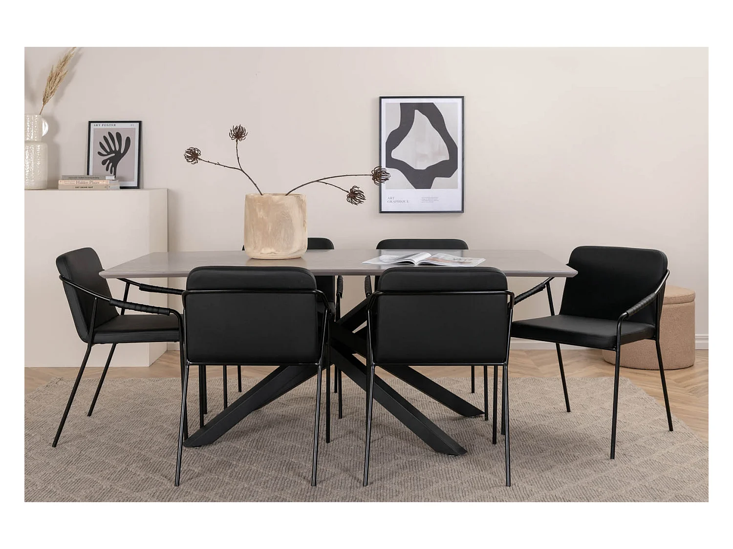 PiazzaGRBL ensemble table, table gris et 6 Tvist chaises Similicuir PU noir.