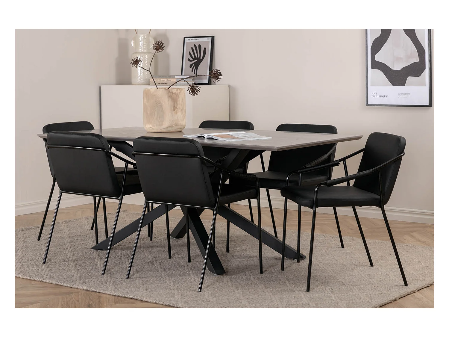 PiazzaGRBL ensemble table, table gris et 6 Tvist chaises Similicuir PU noir.