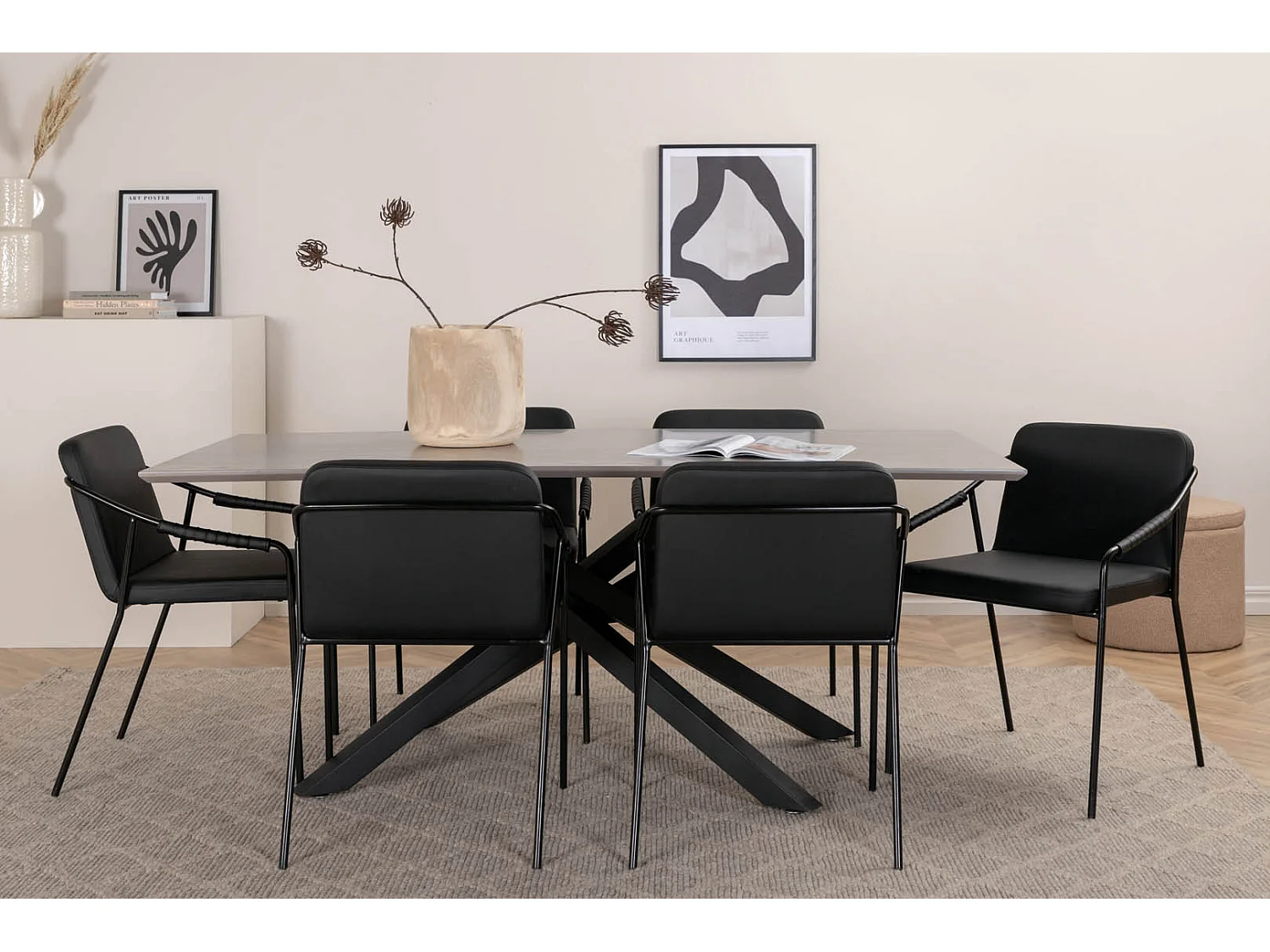 PiazzaGRBL ensemble table, table gris et 6 Tvist chaises Similicuir PU noir.