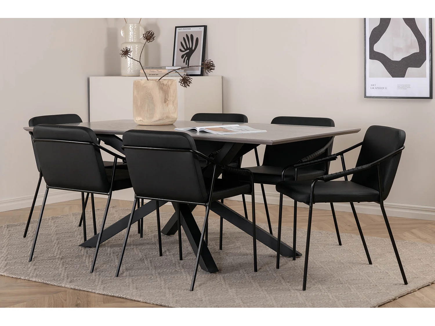 PiazzaGRBL ensemble table, table gris et 6 Tvist chaises Similicuir PU noir.